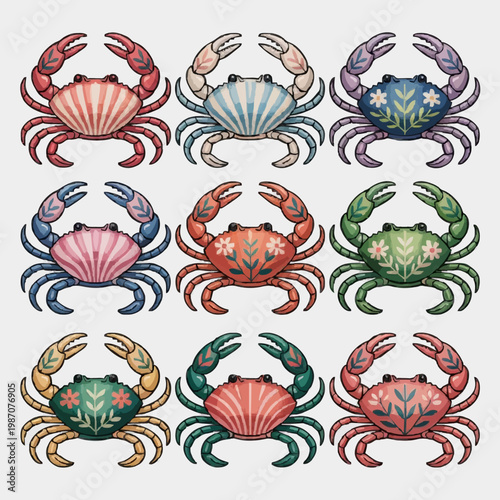 Colorful Folk Art Crab Illustrations - Set of 9 Ornamental Crustacean Icons