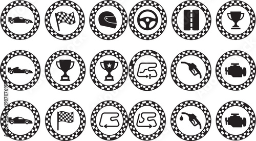 A comprehensive collection of racing themed icons with checkered flag borders on a white background