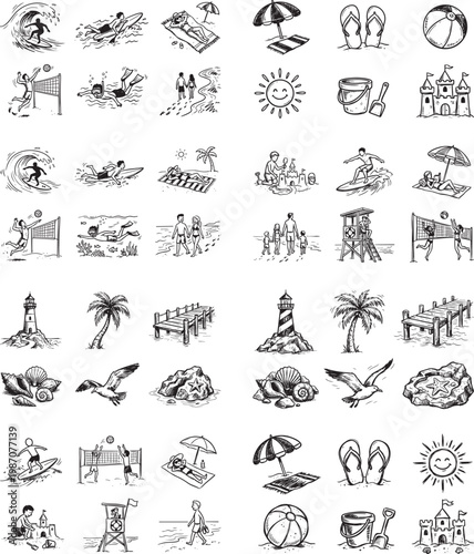 A large grid of black and white hand drawn summer beach activity and vacation icons