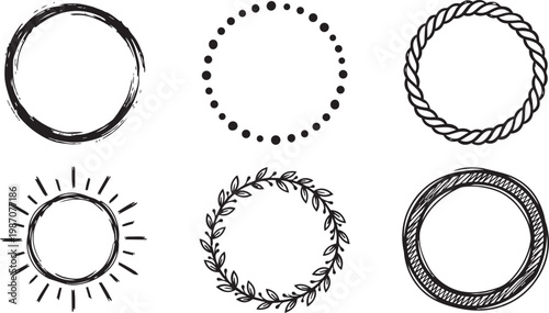 A varied set of hand drawn black and white circular frames and decorative borders