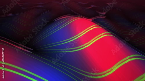 Abstract Wavy Surface with Neon Green Lines and Red Blue Lighting.