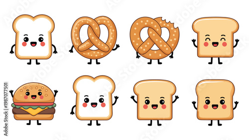 Cartoon food characters with smiling bread slices buns and hamburger faces vector illustration cute playful design