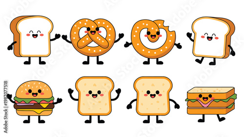 Cartoon food characters with smiling bread slices buns and hamburger faces vector illustration cute playful design