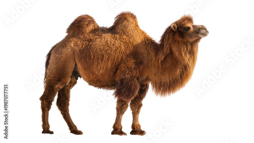 Furry brown Bactrian camel with two humps, isolated on transparent background