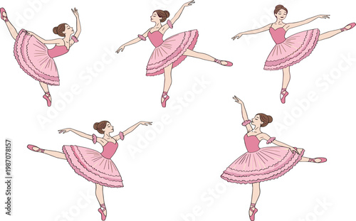 Ballet Dancer Set in Pink Tutu Performing Graceful Classical Dance Poses for Performance, Practice, Theater, Artistic Expression, and Elegant Movement Illustration