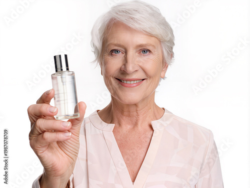 Joyful woman holding a bottle of perfume with a bright smile