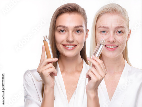 Models showcase skincare products with radiant smiles and confidence