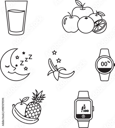 Set of black and white line icons representing healthy lifestyle concepts including fruits, sleep, and fitness tracking