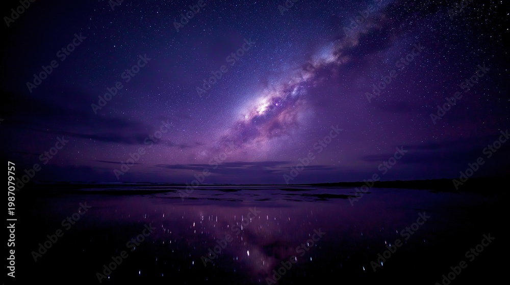 Obraz premium Purple Milky Way galaxy reflected on dark water Night sky with stars and vibrant purple hues over calm surface