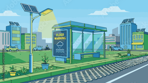 Solar powered bus stop with flood warning sign in city