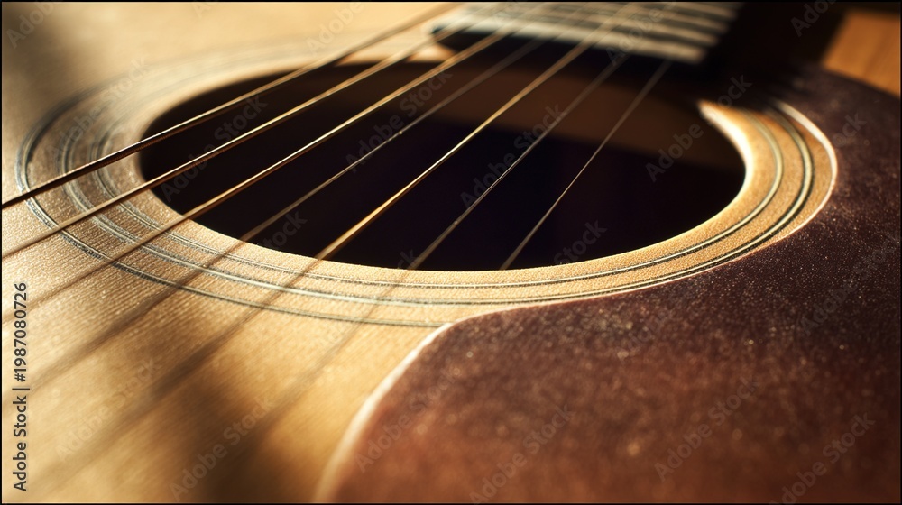 Obraz premium guitar. An acoustic guitar close-up highlighting the detailed wood grain and strings of the instrument. tutorial guides, club newsletters, designed for sports & leisure club marketing.