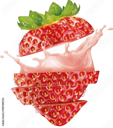 Strawberry slices splash with milk in a refreshing summer scene