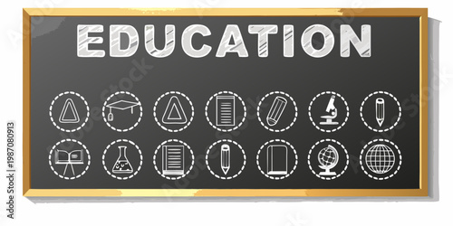 A chalkboard displaying the word education with various school icons