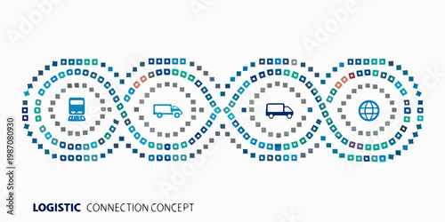 Logistics network illustration featuring trucks a van and a global connection