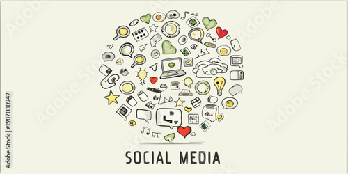 A colorful collection of doodles representing concepts related to social media