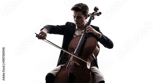 Young cellist passionately playing cello against a white background.