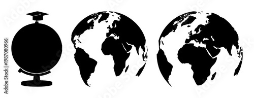 World globe set with solid black icon on a crisp white background featuring education, geography, and global learning concepts with worldwide, map symbolism and academic themes