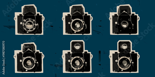 Vintage twin lens reflex cameras arranged in a repeating pattern