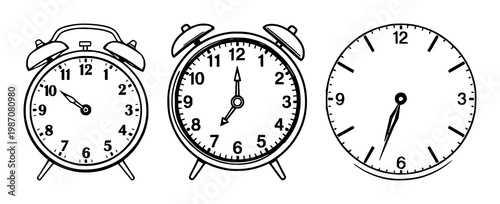 Clock set with black line art on white background featuring retro style, analog face, hour markers with center dial and time indication
