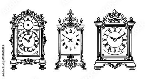 Clock set with ornate brass black line art design on white background featuring intricate gears, stylized hands, vintage aesthetic with metal and engraving