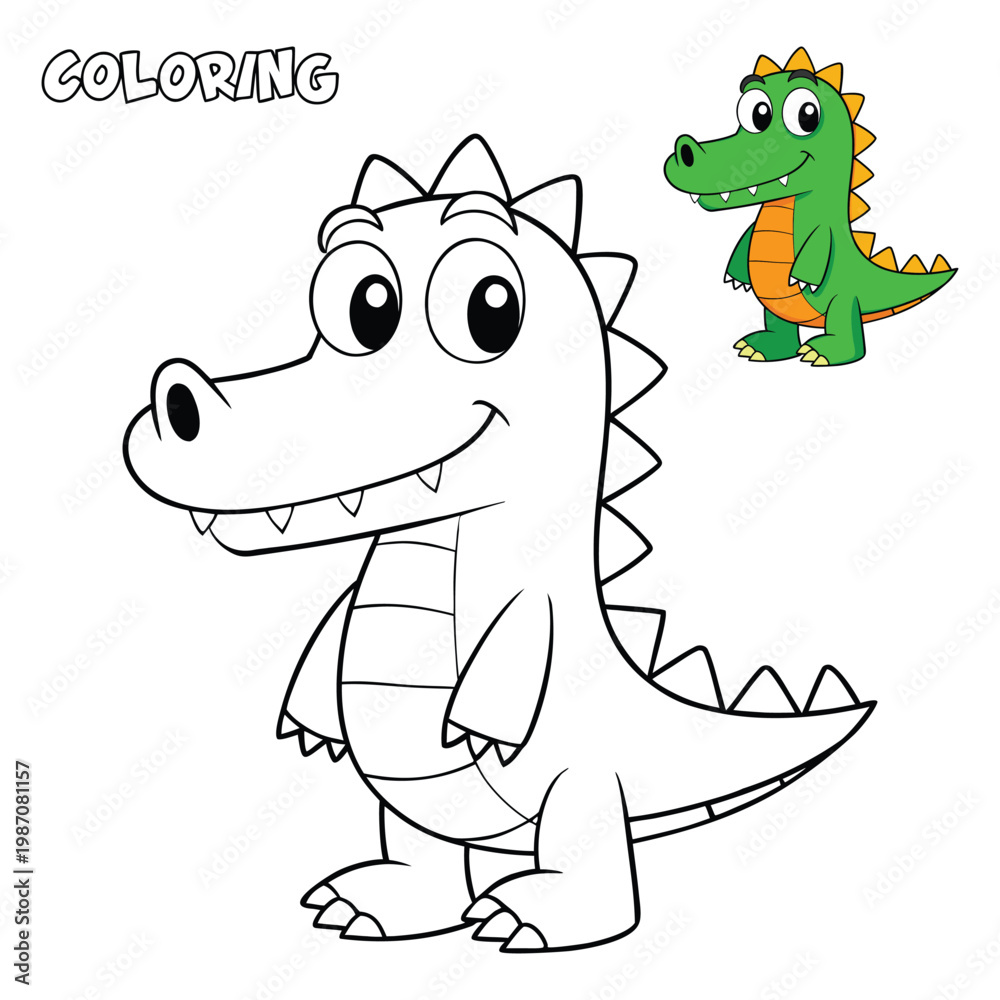 Obraz premium Cartoon Crocodile Coloring Page – Jungle Animal Illustration with Outline and Smiling Character for Kids Educational Creative Learning Activities