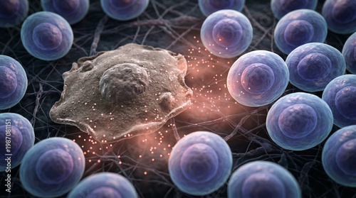 Cancer Cell Attacking Healthy Cells Concept with Microscopic Medical Visualization