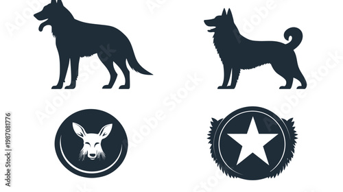 Collection of stylized animal silhouettes and circular emblems. Features dog and deer visuals