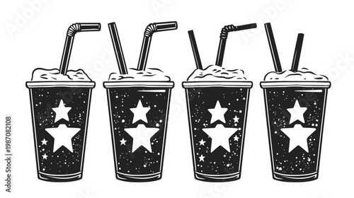 Black and white illustration of four star-studded cups of drinks with straws