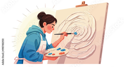 Inspired female artist passionately creates a textured abstract painting on canvas, capturing the essence of artistic expression and creative hobby