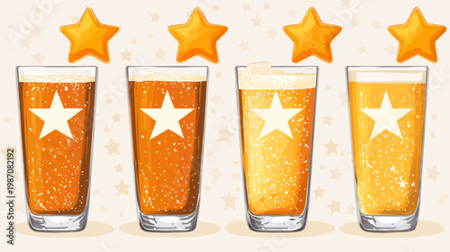 Four pints of amber-colored beverage, each with a white star, topped with golden stars