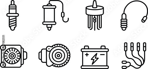 Automotive component icons showing spark plug, fuel filter, oil filter, ignition cable, radiator fan, turbocharger, battery, and wires, representing vehicle repair and engine illustration concept