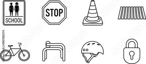 Road safety icons showing school zone, stop sign, traffic cone, crosswalk, bicycle, bike rack, helmet, and padlock, representing commuting and transportation illustration concept