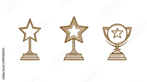 Three sketched golden trophy illustrations with star-shaped emblems for accomplishments