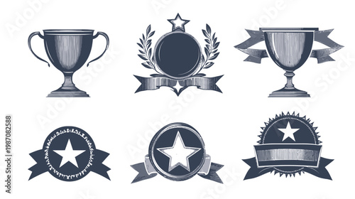 Six gray-blue vector illustrations trophies, medals, and ribbons, with star and laurel details
