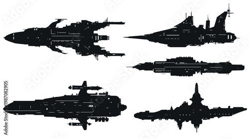 Silhouettes of various futuristic spacecraft designs, likely for science fiction media
