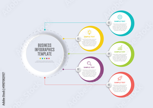 Business Infographic Template with 5 Steps Circular Process Diagram Modern Minimal Presentation Layout