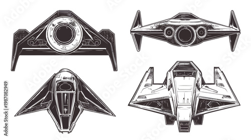 Four futuristic aircraft in black and white line art, angled views on a white background