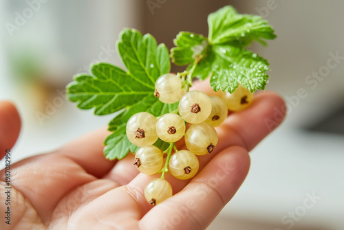 Elegant female hand holding a small bunch of ripe white currants, realistic skin texture and macro details, soft natural lighting, organic farming concept