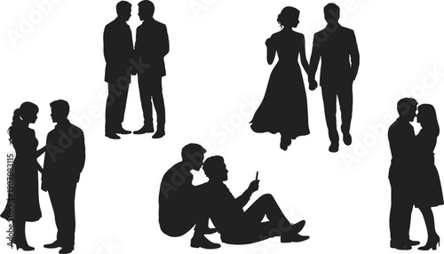 Silhouette vector illustration showing pairs of people in different relationship poses including walking, conversing, sitting, kissing, and emotional human interaction scenes