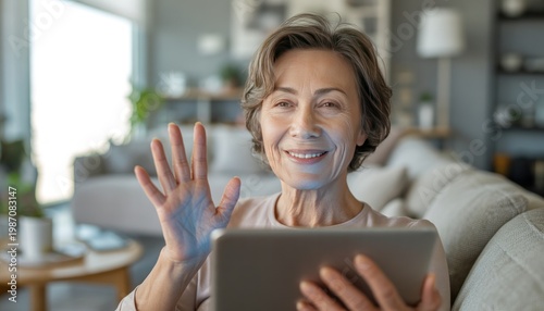 Elderly woman smiling and waving at a tablet computer while sitting on a couch in a home setting, enjoying a video call with family and friends