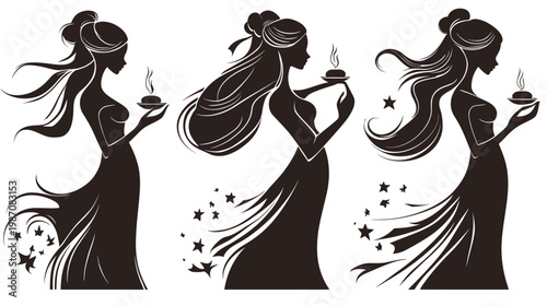 Three elegant silhouette ladies in flowing gowns, holding a plate with smoke or steam
