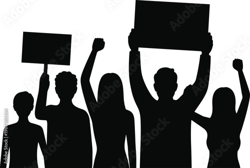 Silhouette protest group holding signs and raising fists together, demonstration rally activism collective action vector illustration for stock content design