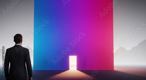 Wallpaper Mural Businessman approaches glowing door in colorful room for career opportunity Torontodigital.ca