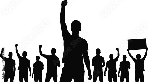 Silhouette protest group raising fists and holding placard together, demonstration rally activism collective unity action vector illustration for stock content