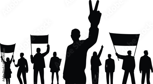 Silhouetted protest crowd holding banners and peace sign, demonstration illustration symbolizing unity, activism, collective action, social movement, freedom advocacy