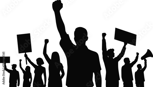 Silhouetted protest crowd raising fists with signs and megaphone, symbolizing activism, unity, demonstration, solidarity, collective action, freedom, and social movement illustration