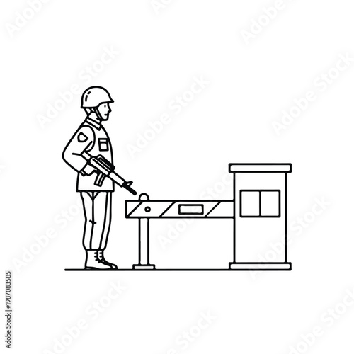 Soldier standing guard with a rifle at a checkpoint barrier