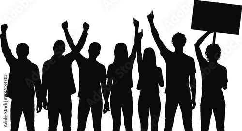 Silhouetted protest group raising fists and holding sign, demonstration illustration symbolizing unity, activism, collective action, social movement, freedom expression