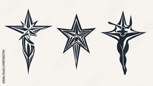 Three stylized, dark designs two star-like forms, one resembling a human figure
