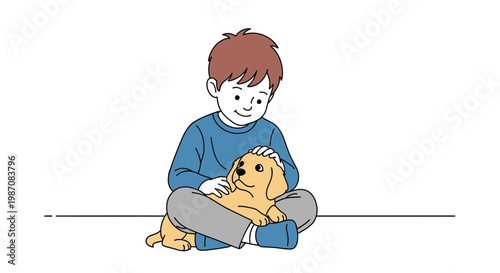 Boy Sitting With Cute Golden Dog.